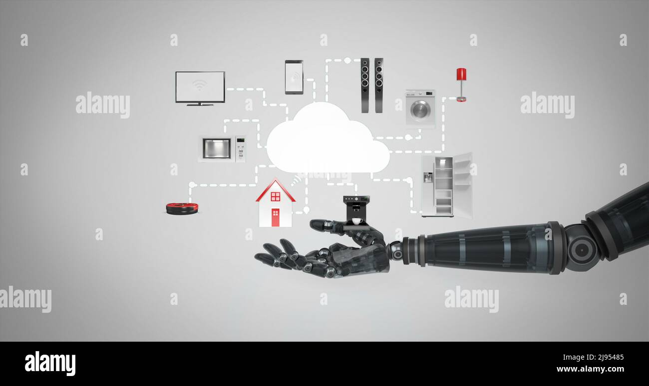 Robotic hand presenting digital home appliance icons Stock Photo