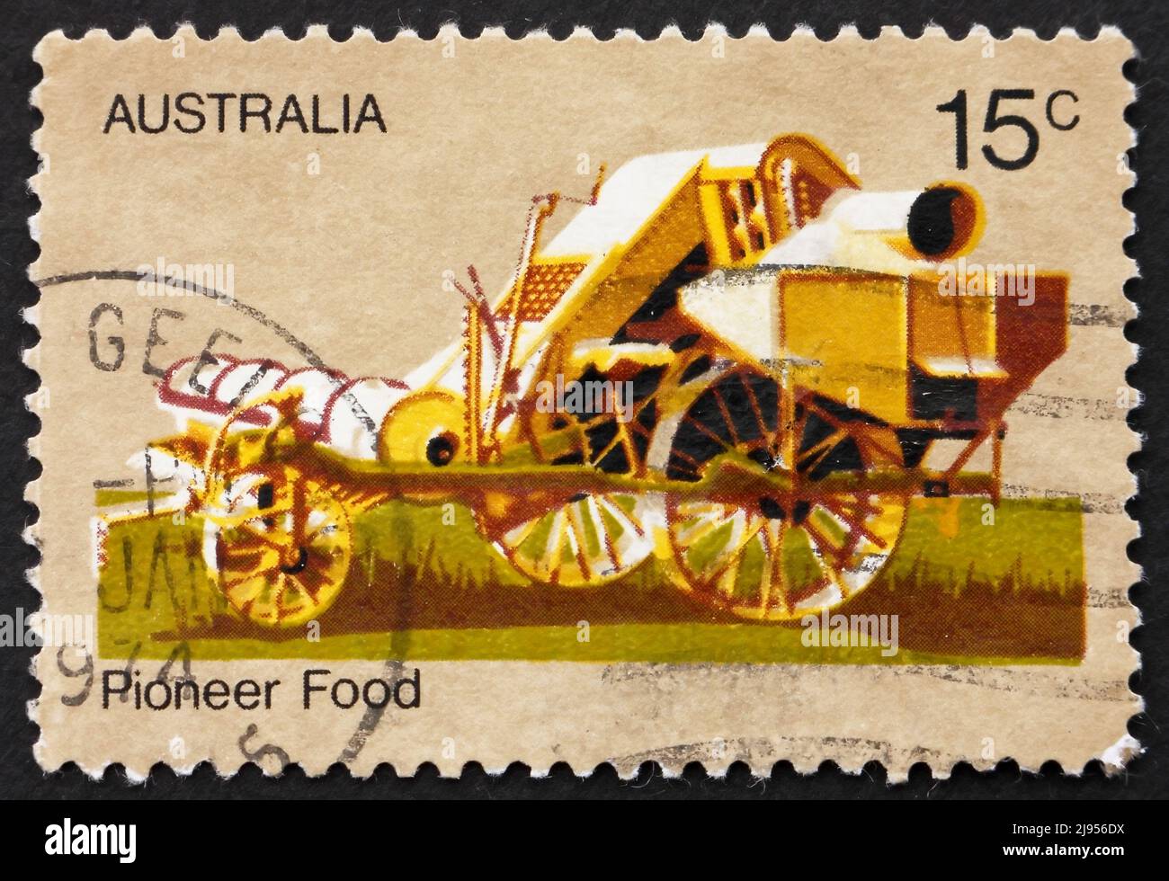 AUSTRALIA - CIRCA 1972: a stamp printed in the Australia shows Combine Harvester, 19th Century, Australian Pioneer Life, circa 1972 Stock Photo