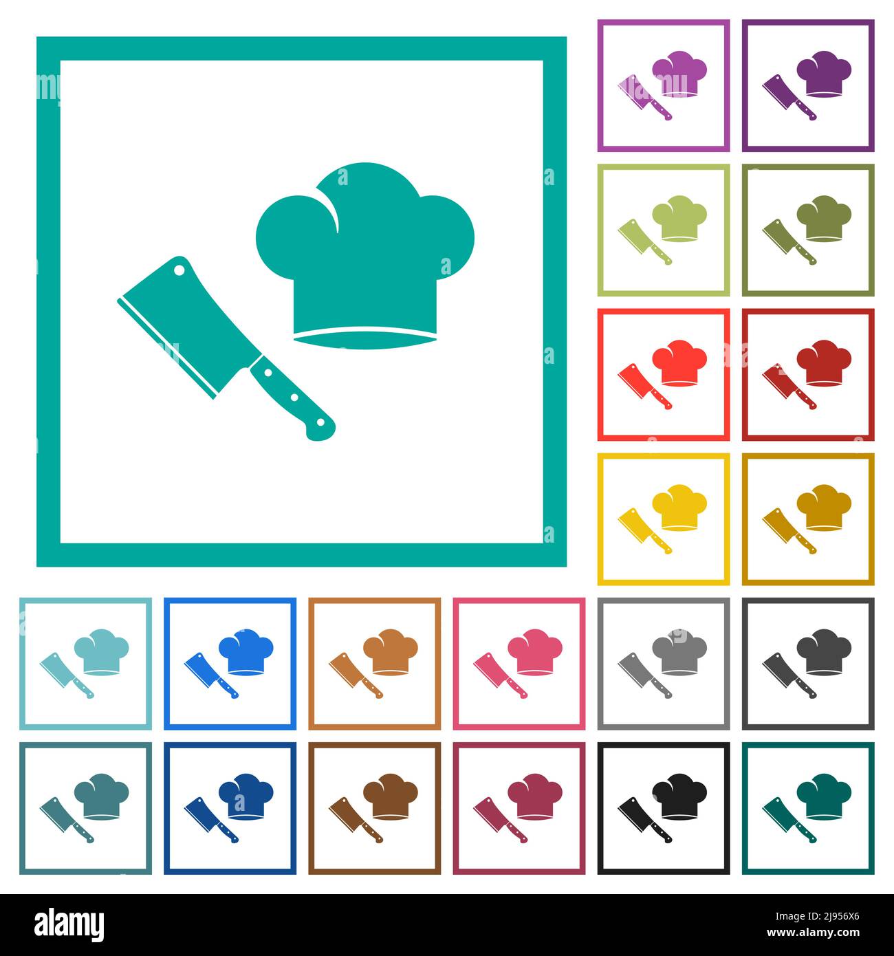 Meat cleaver knife and chef hat flat color icons with quadrant frames ...
