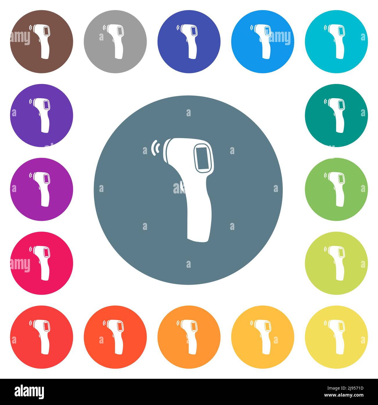 Contactless thermometer solid flat white icons on round color ...