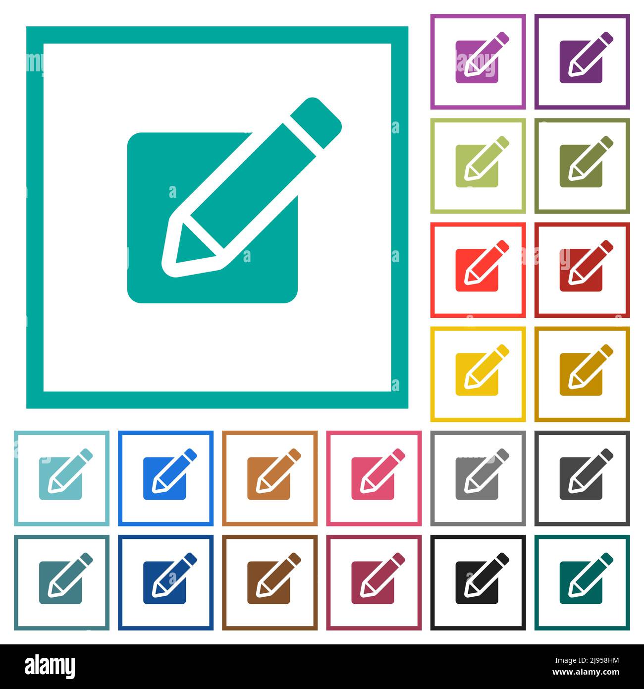 Editing box with pencil solid flat color icons with quadrant frames on white background Stock Vector