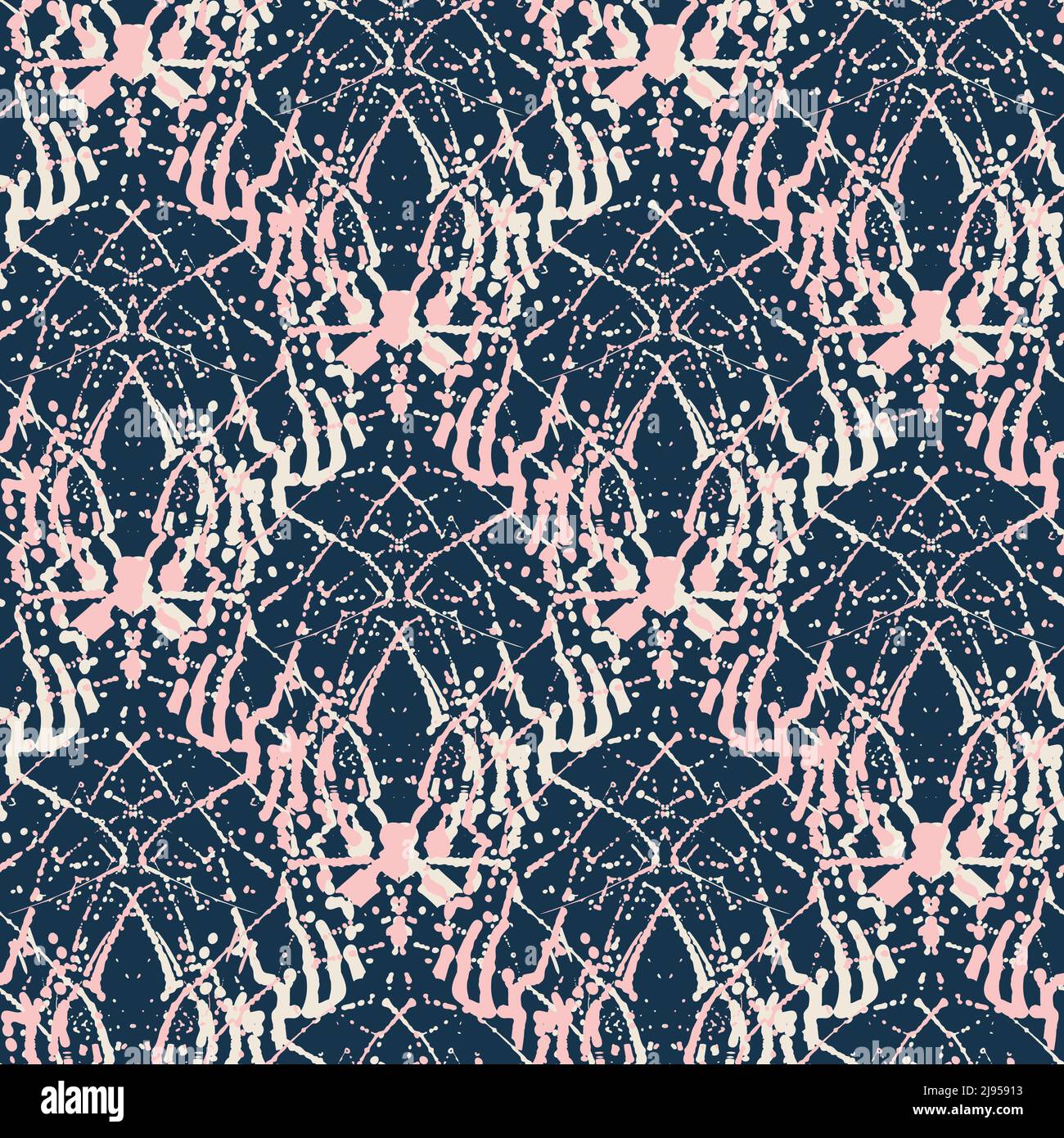 Abstract painterly speckled damask vector seamless pattern background. Pink white woven criss cross grid and dots on navy blue backdrop. Irregular Stock Vector