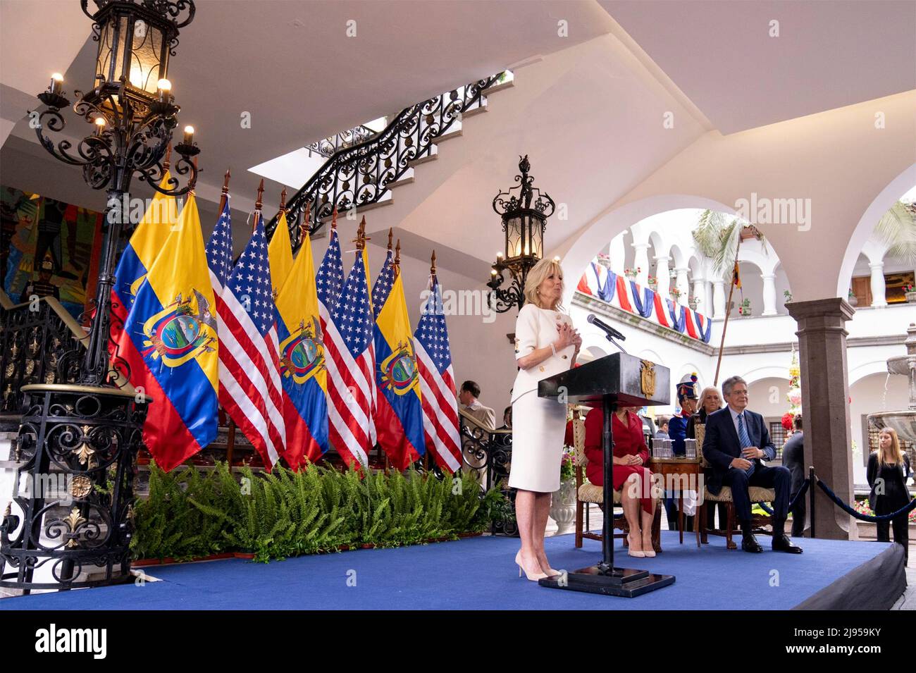 Quito, Ecuador. 20th May, 2022. U.S. First Lady Jill Biden, delivers remarks as Ecuador President Guillermo Lasso, right, and Ecuador First Lady Maria Lourdes Alcivar look at the Carondelet Palace, May 19, 2022 in Quito, Ecuador. Biden is the first stop of a six-day tour in Latin America. Credit: Cameron Smith/White House Photo/Alamy Live News Stock Photo