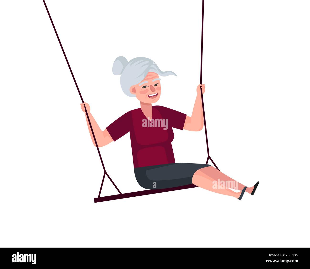 Smiling swinging grandmother. Happy elderly female relaxing and riding on swing. Senior granny have fun on children seesaw. Vector old woman feeling freedom and happiness eps illustration Stock Vector