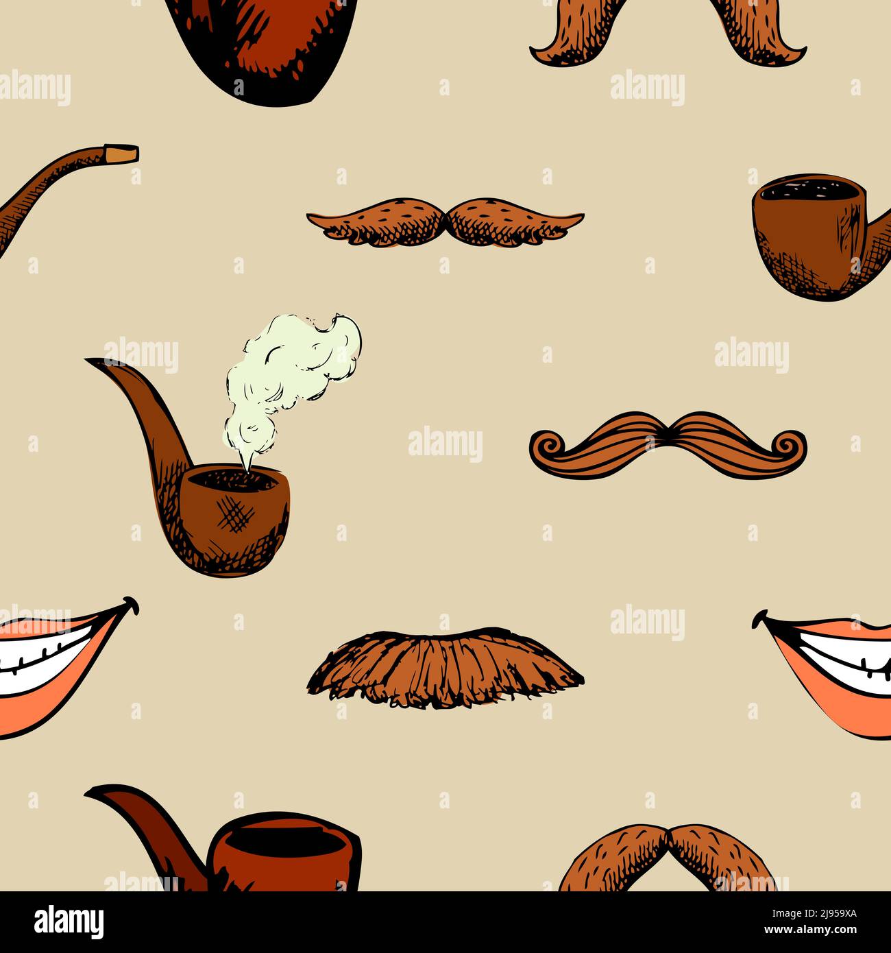 Pattern with mustache and pipe. Hipster decoration seamless background. Vector illustration Stock Vector
