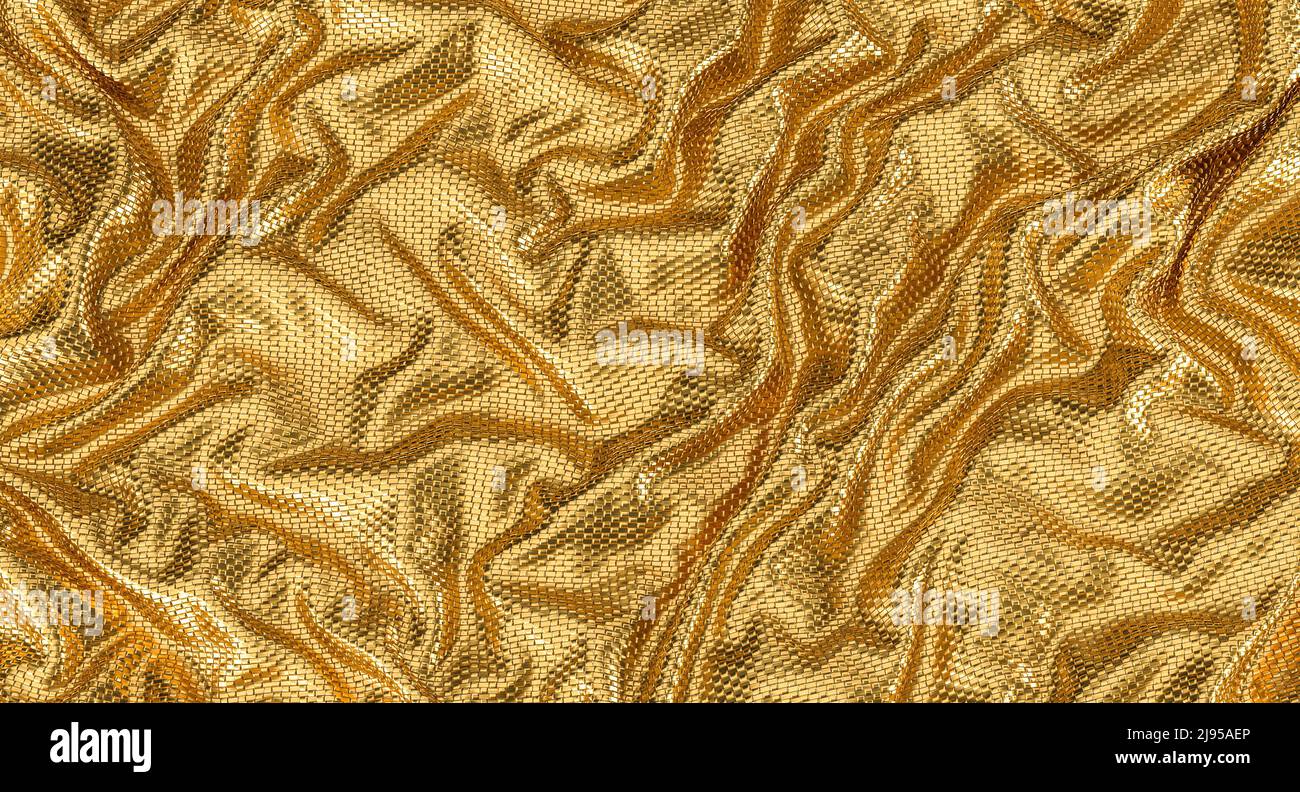 drapery texture gold color with wrinkles. 3d render Stock Photo