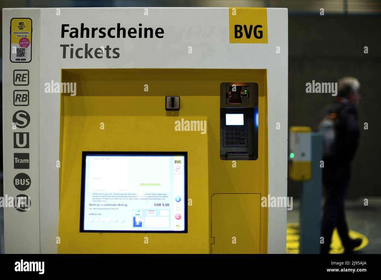 A ticket machine displays the opportunity of buying the nine euro ticket of  the BVG, the public transport company of Berlin which is offering the use  of local buses and trains nationwide