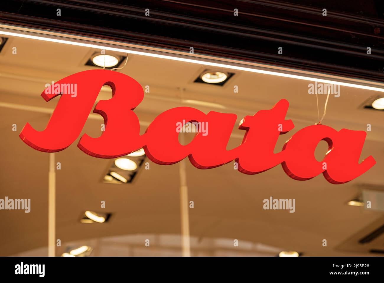 Close-up of the Bata corporate logo. Bata is the international shoe company with Czech roots currently headquartered in Lausanne, Switzerland. Stock Photo
