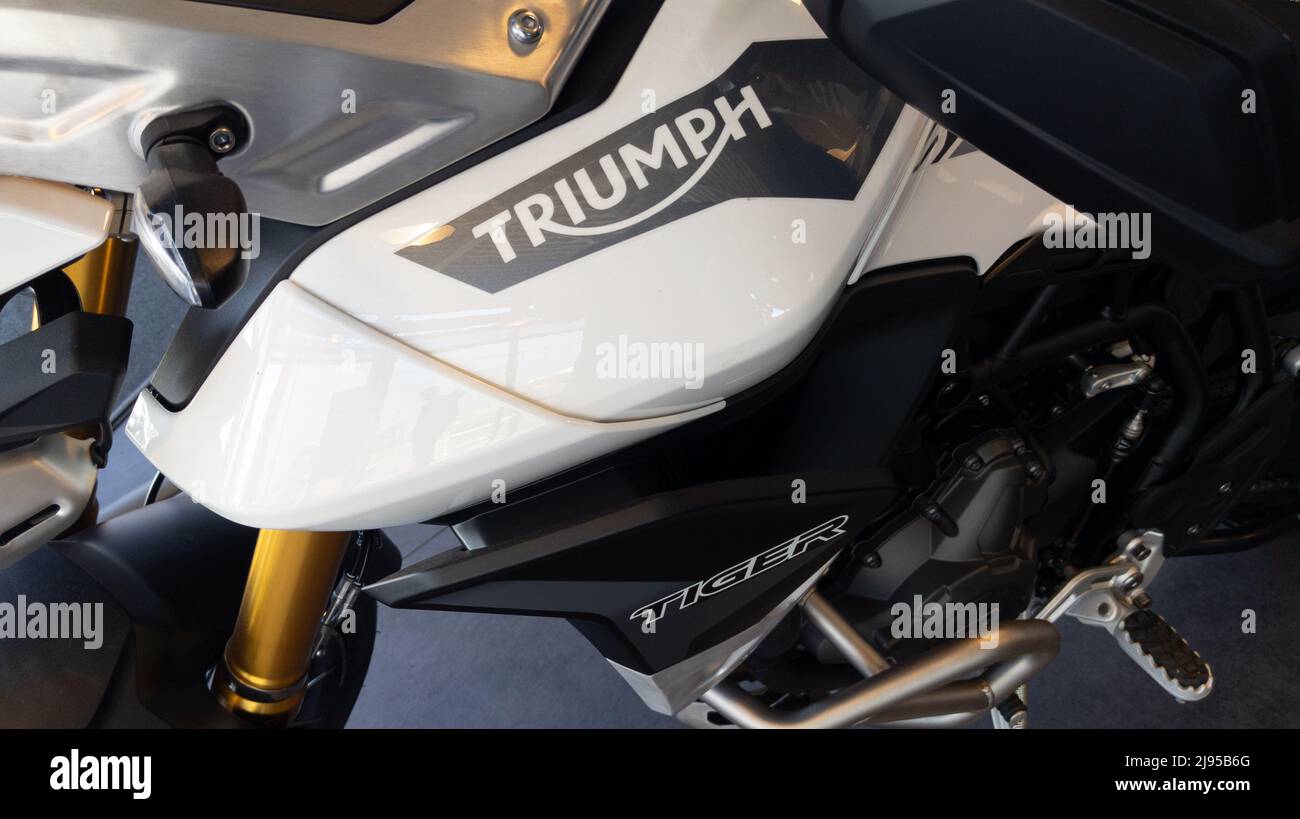 Bordeaux , Aquitaine France - 05 08 2022 : triumph tiger motorcycle detail  sign text and brand logo on fuel tank on trail motorbike Stock Photo - Alamy