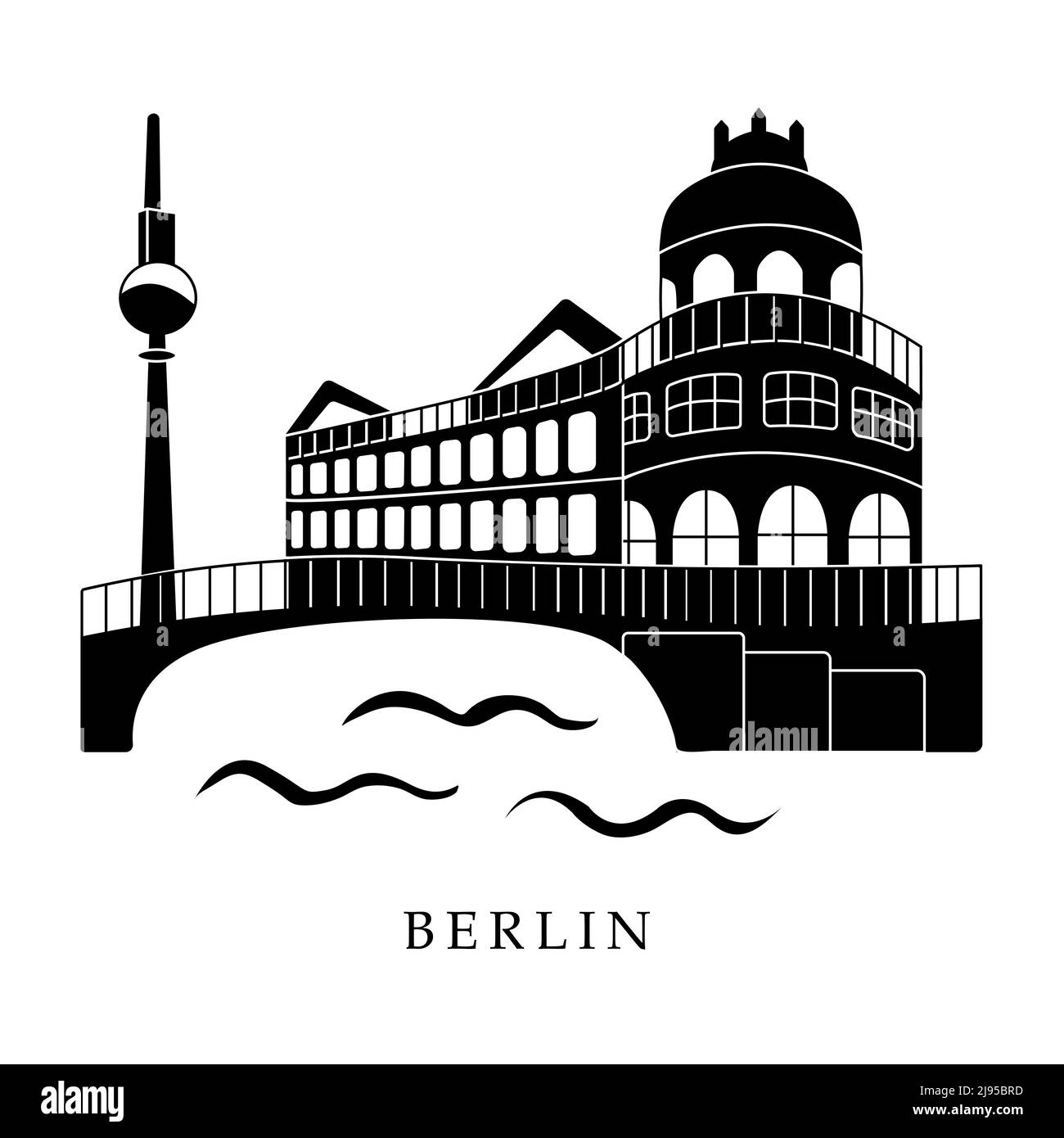 European capitals, Berlin. Black and white illustration Stock Vector