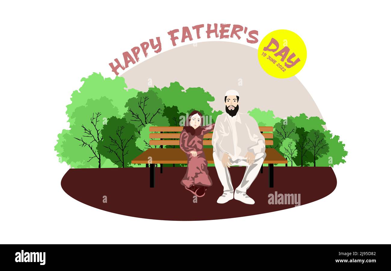 Happy Muslim family sits on a park bench in sunny weather vector illustration Stock Vector