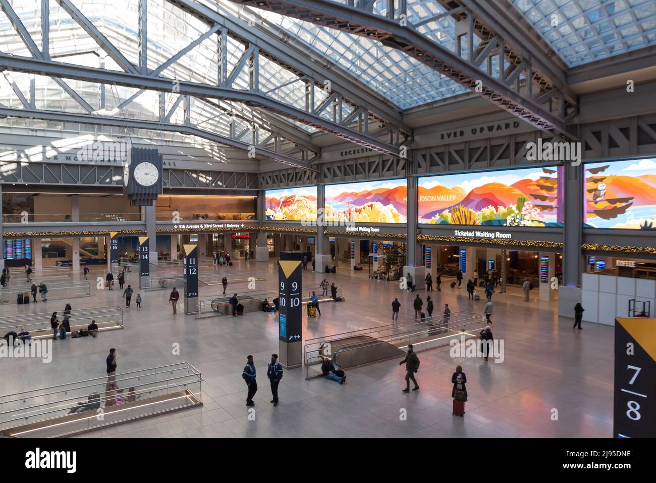 Moynihan Train Hall, an expansion of Penn Station in the former James A. Farley Post Office Building, has access to the Long Island Railroad & Amtrak. Stock Photo