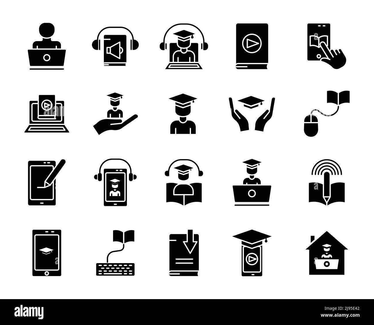 Online education vector icon set. Virtual education, Electronic learning. Solid icon style, glyph. Simple design illustration editable Stock Vector