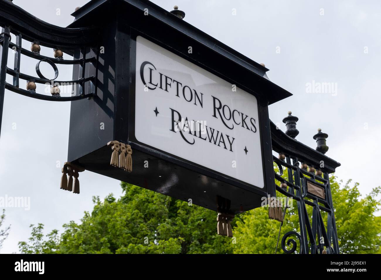 Old sign for Clifton Rocks Railway on 6th May 2022 in Bristol, United Kingdom. The Clifton Rocks Railway was an underground funicular railway linking Clifton at the top to Hotwells and Bristol Harbour at the bottom of the Avon Gorge in a tunnel cut through the limestone cliffs. Stock Photo
