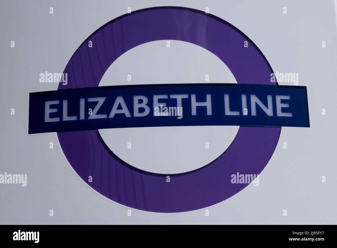 Sign outside Stratford station for the Elizabeth Line on 18th May 2022 in London, United Kingdom. The Elizabeth line is to run services on Crossrail in Central London and to the west along the Great Western Main Line; and east along the Great Eastern Main Line. The the line will open to the public on 24th May 2022. The project has been subject to long delays, originally supposed to open in December 2018, and is vastly over budget by £4bn. Stock Photo