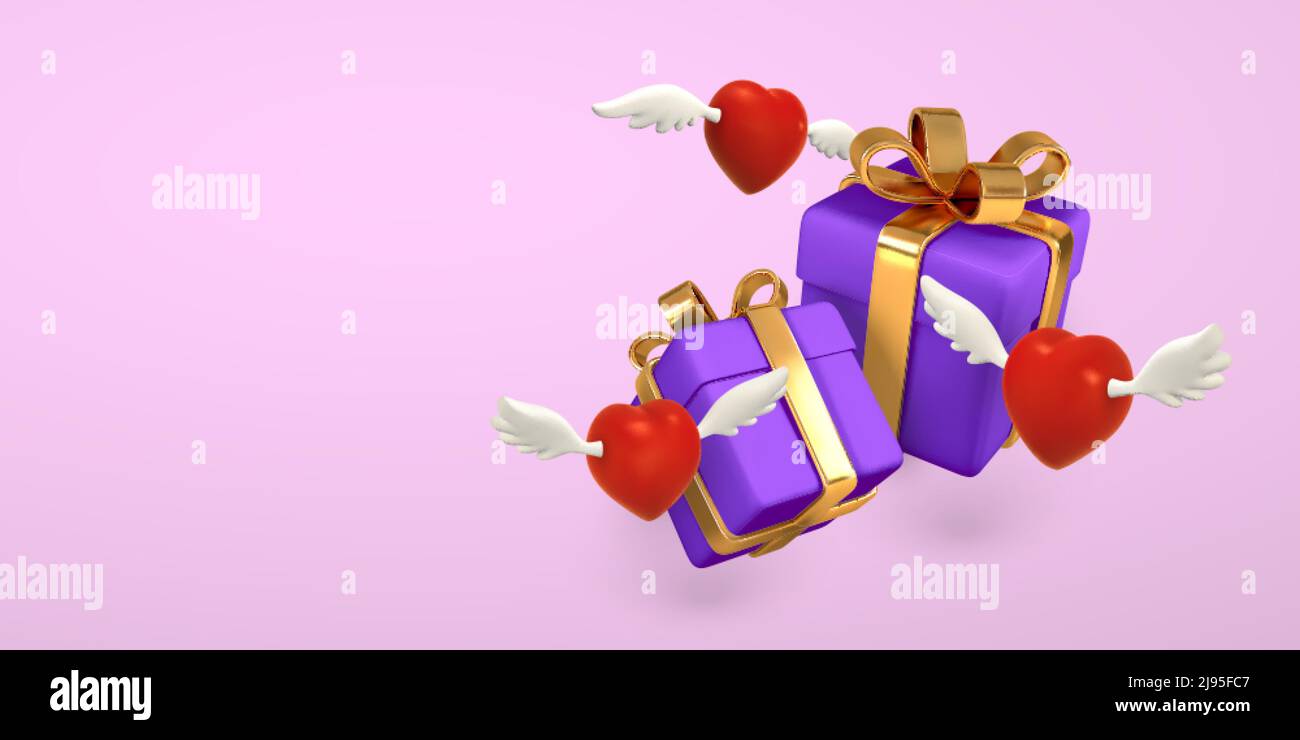 3d flying hearts with wings and gift box on a light red background ...