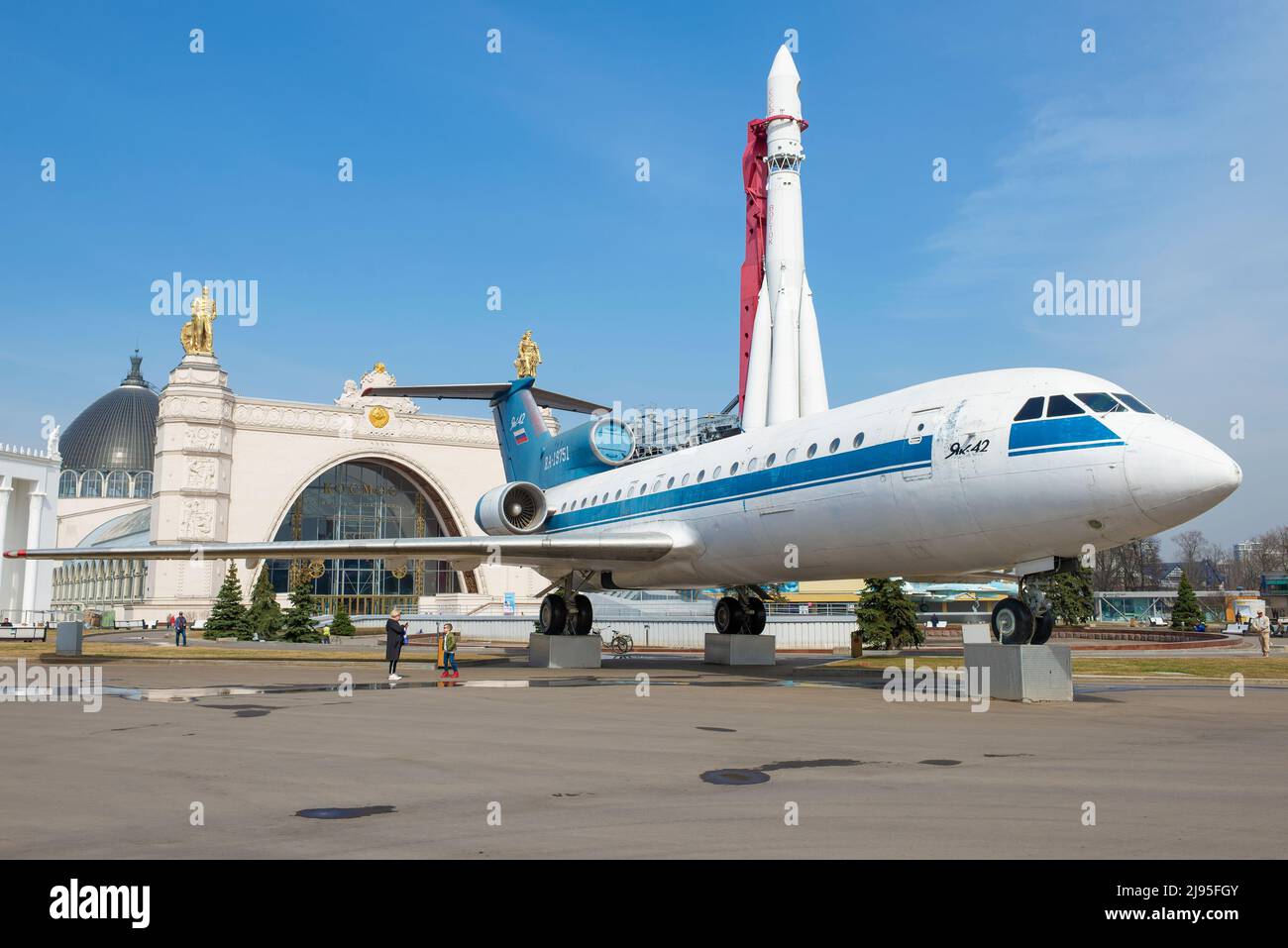 MOSCOW, RUSSIA - APRIL 14, 2021: Soviet aircraft of Yak-42 on the territory of the All-Russian Exhibition Center (VDNKh) on a sunny April day Stock Photo