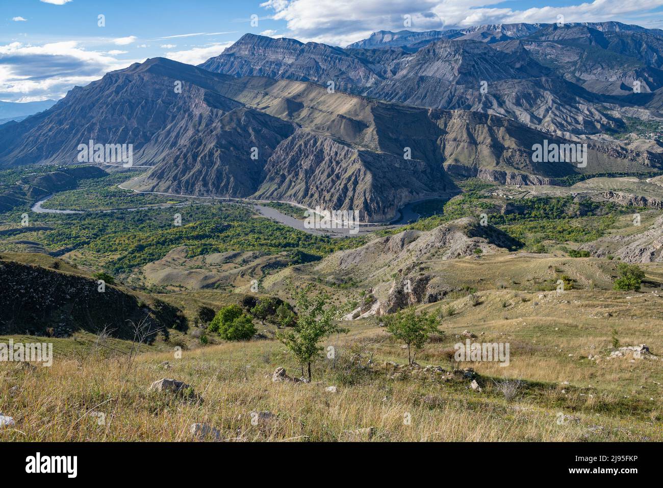 View of the Andiyskoye Koysu river valley on a September afternoon. Republic of Dagestan, Russian Federation Stock Photo