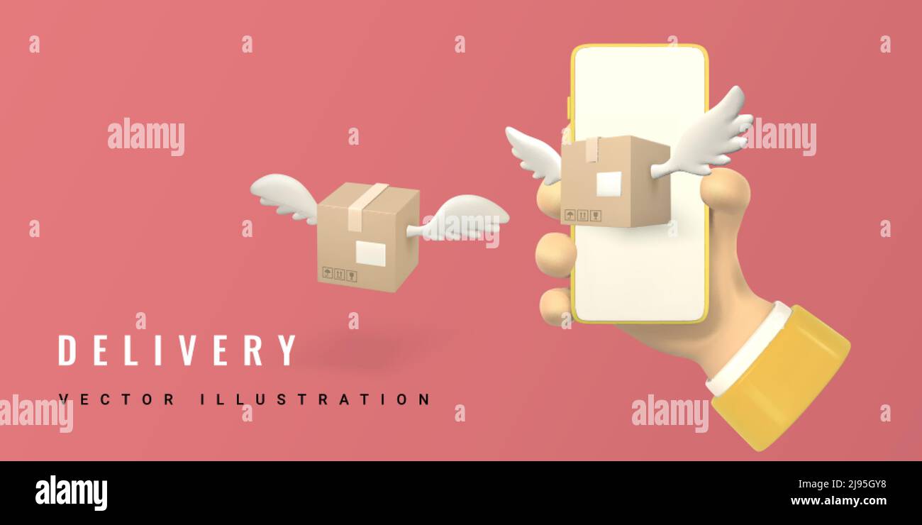 Online delivery service concept. 3d flying parcel with wings from phone