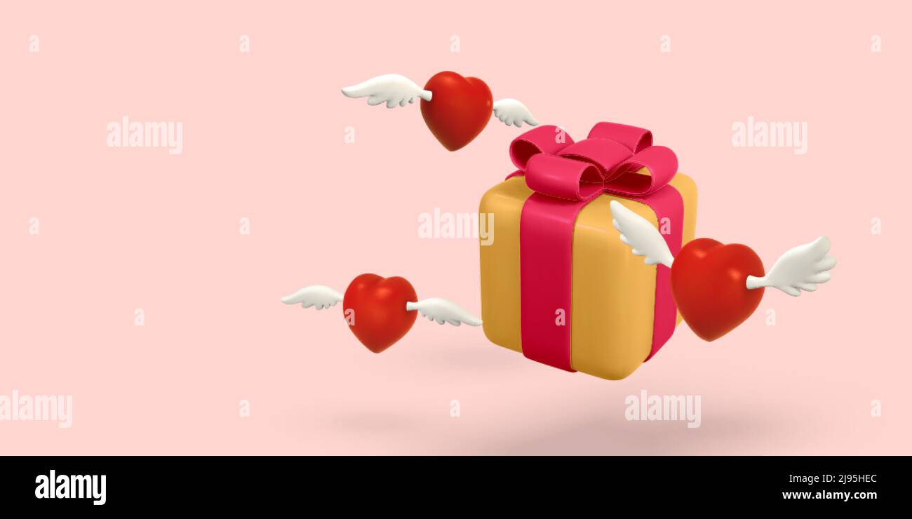 3d flying hearts with wings and gift box on a light red background ...