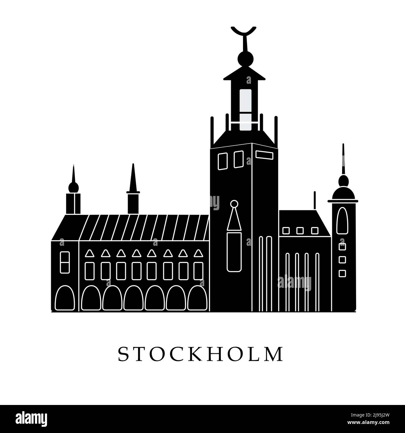 European capitals, Stockholm. Black and white illustration Stock Vector