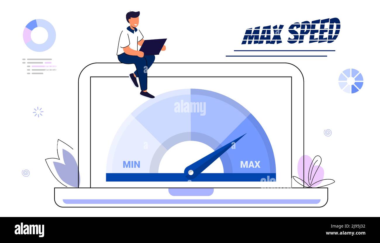 Website loading optimization Page speed and SEO Flat vector concept illustration Website speed Loading time Page optimization Speed test metering dial Stock Vector