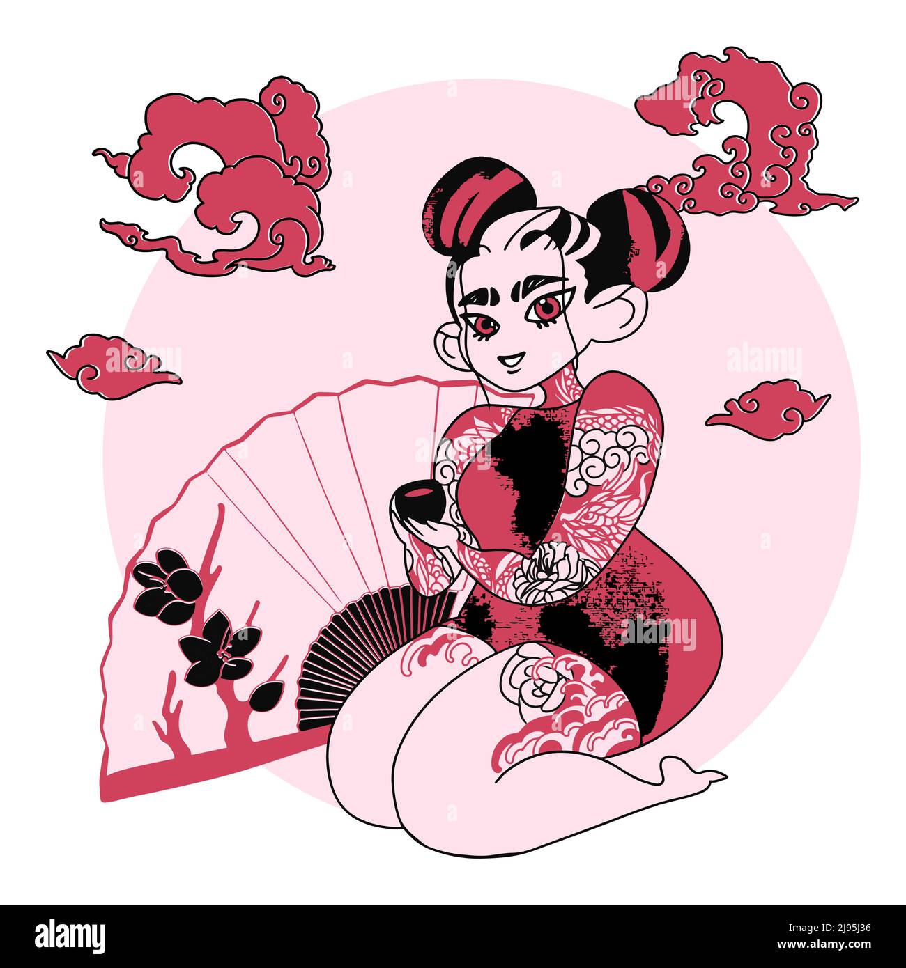 Japanese anime girl with doacon tattoo. Geisha illustration with japanese style drawing Stock Vector