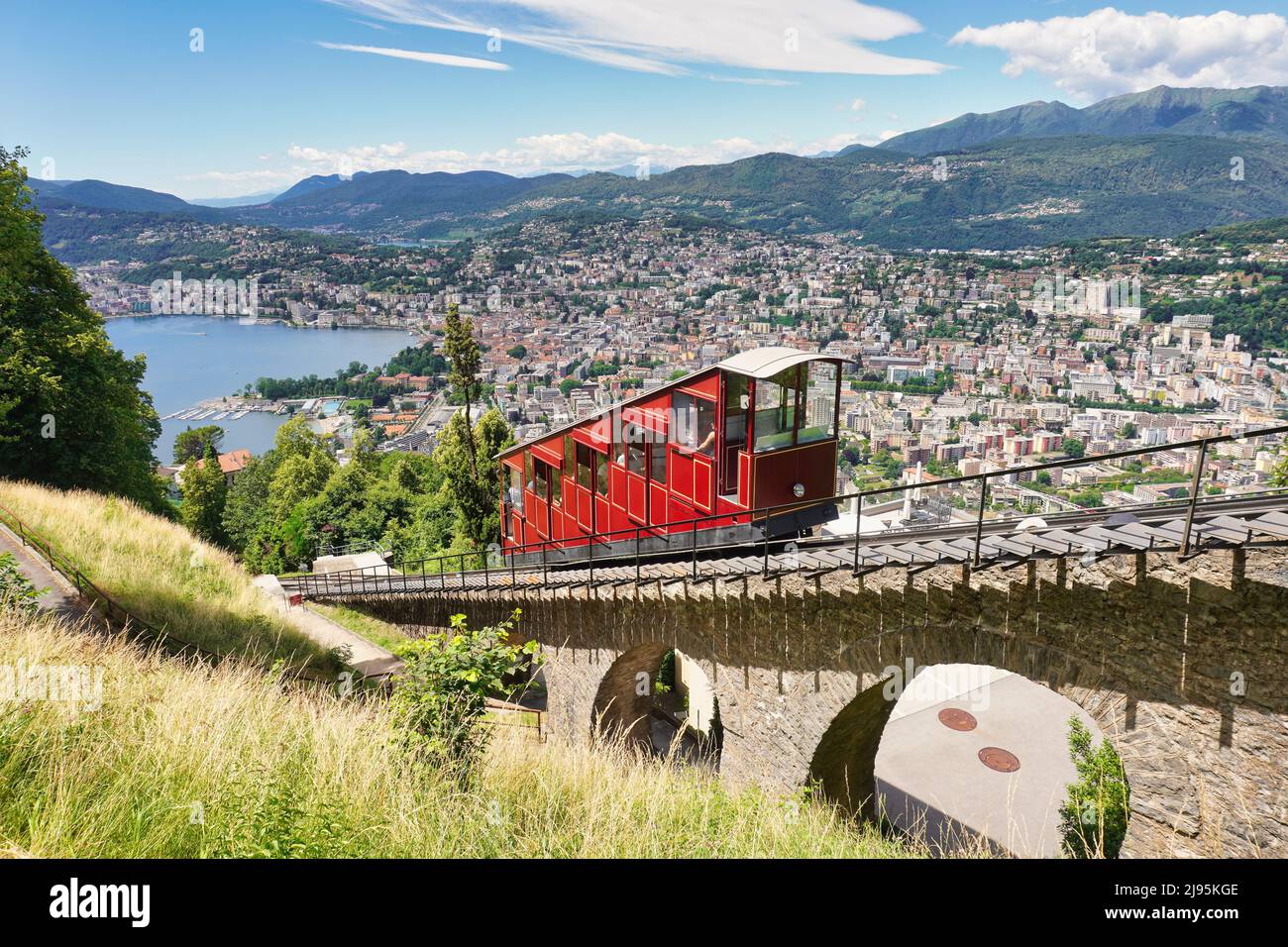 Lugano, canton of Ticino, Switzerland. Monte Brè funicular. Public transport cable car with scenic view over the city. Stock Photo