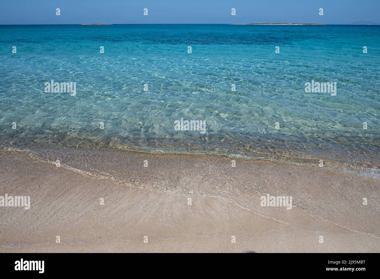 Empty sandy beach in Greece. Elafonisos, Greek island. Sea water calm ...