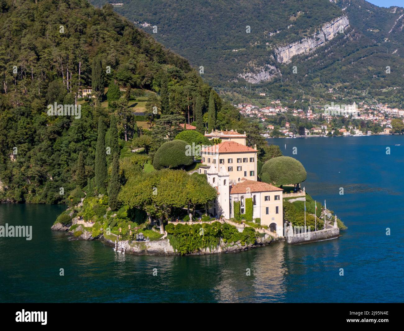 Aerial view of the Villa del Balbianello on the Lake Como Stock Photo