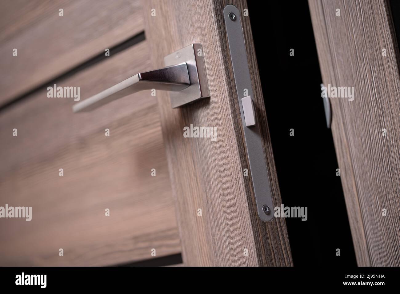 modern and secured metal door handle and latch detail Stock Photo