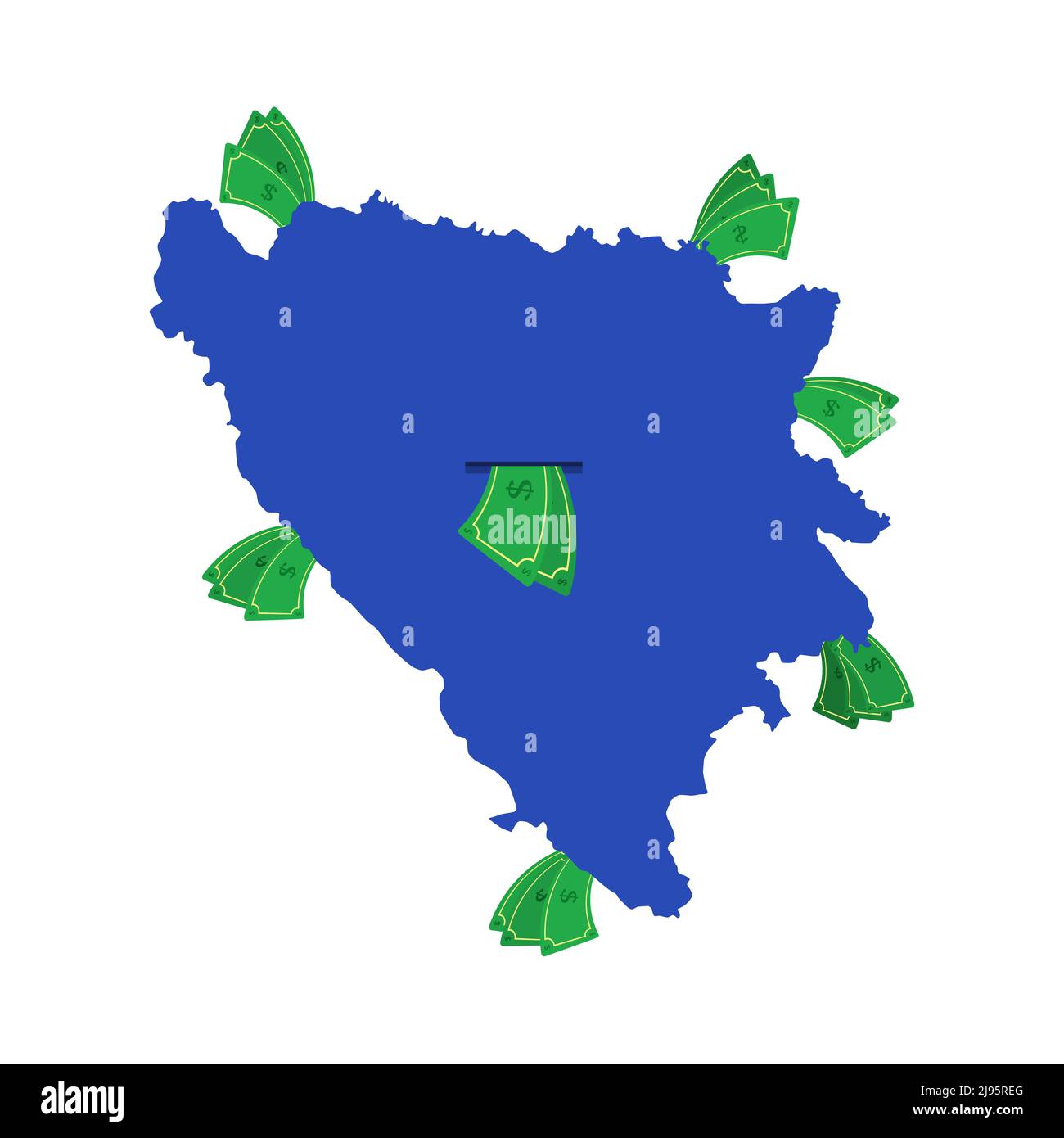 Bosnia and Herzegovina map in blue with money bills around. Money
