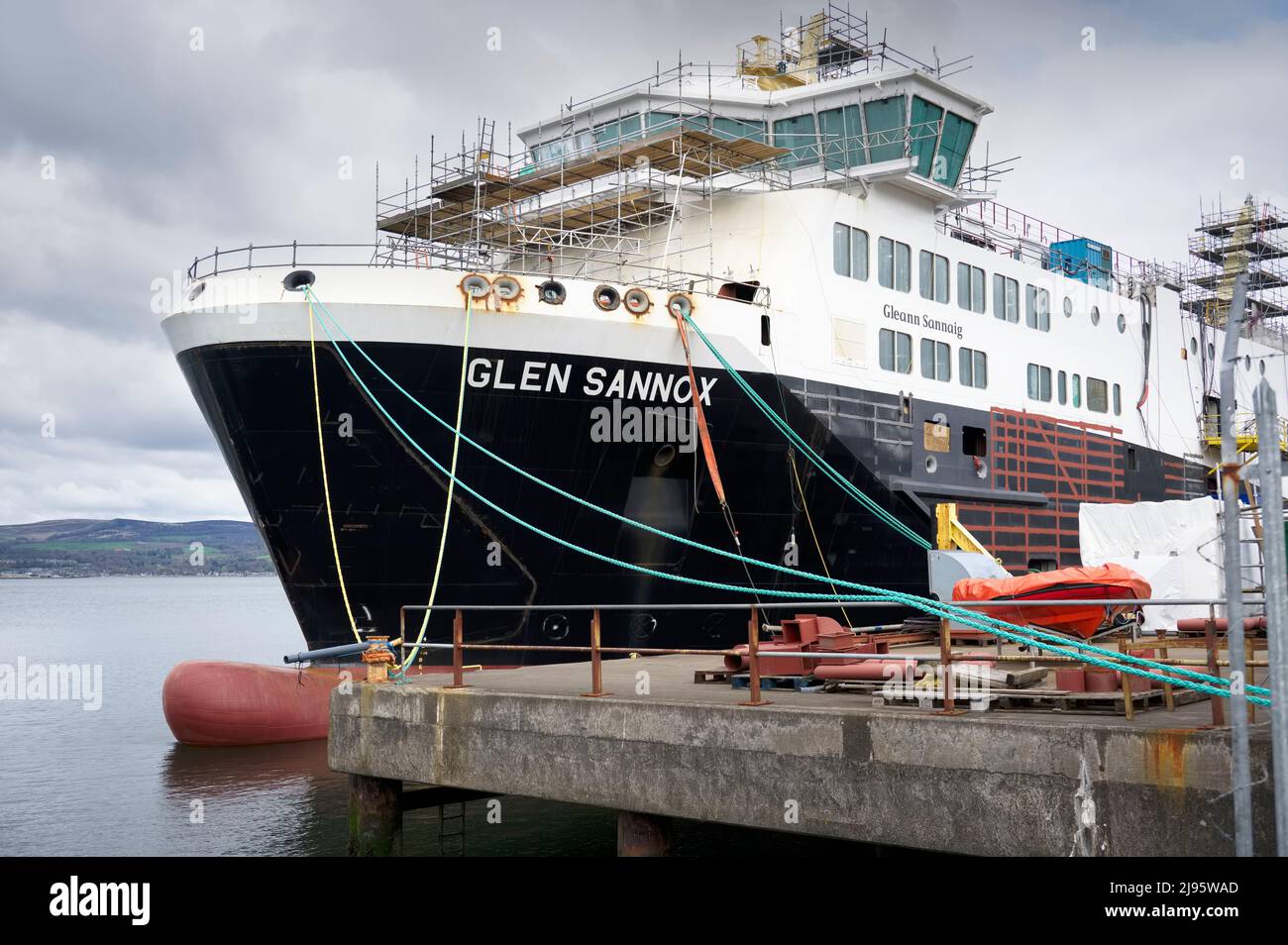 Port Glasgow, Scotland, UK, April 16th 2022, Ferguson Marine shipyard and the progress of new Calmac ferry named Glen Sannox Stock Photo