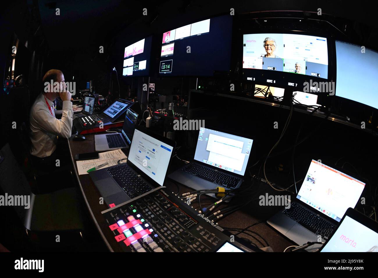 Munich, Germany. 20th May, 2022. Monitors controlling the video signals can be seen in the 'Blackbox' during the Digital Life Design (DLD) conference. The conference on Internet trends and developments in digitization takes place at the Gasteig. Credit: Felix Hörhager/dpa/Alamy Live News Stock Photo