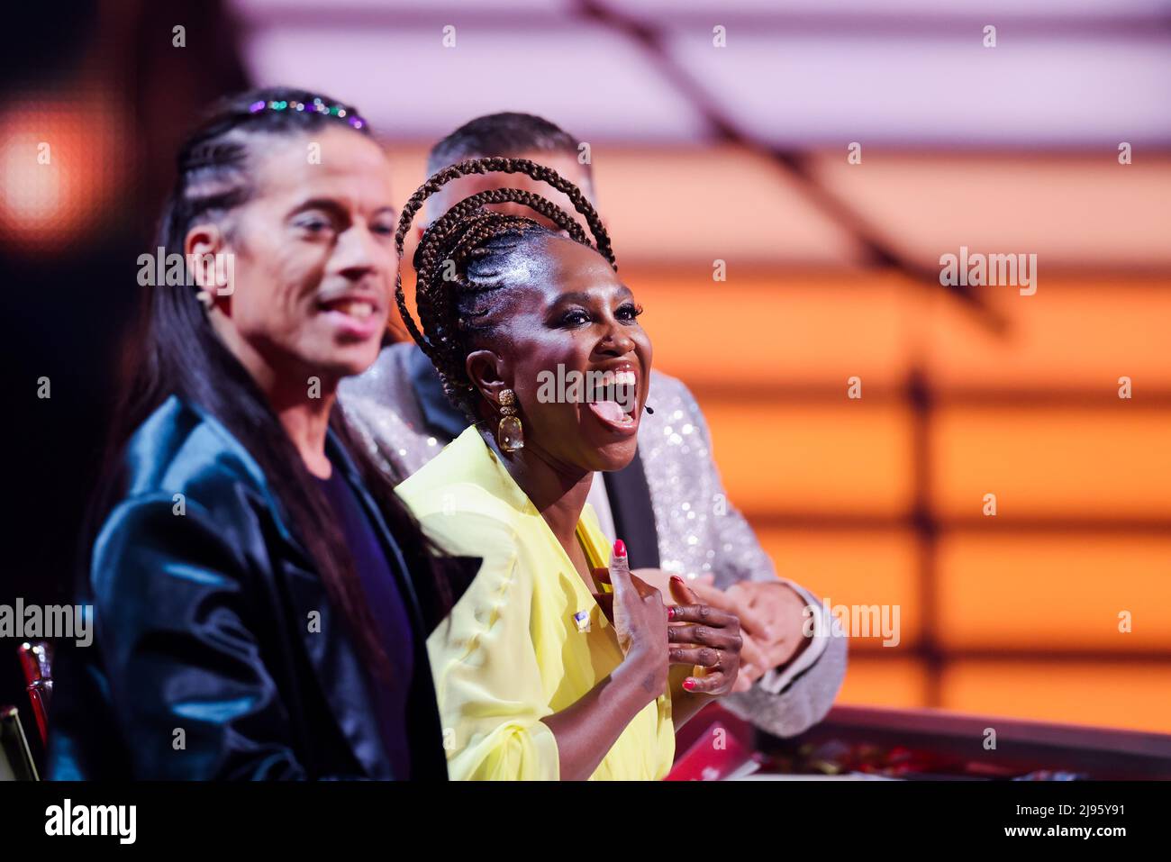 Cologne, Germany. 20th May, 2022. Jorge Gonzalez (l-r), Motsi Mabuse and Joachim Llambi, jury members, sit in the RTL dance show 'Let's Dance' at the Coloneum. Credit: Rolf Vennenbernd/dpa/Alamy Live News Stock Photo