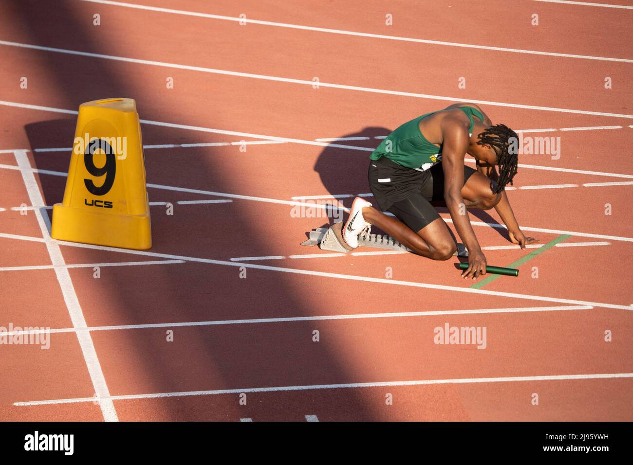 Austin Texas USA, May 13, 2022 Sprinter in the starting block at the