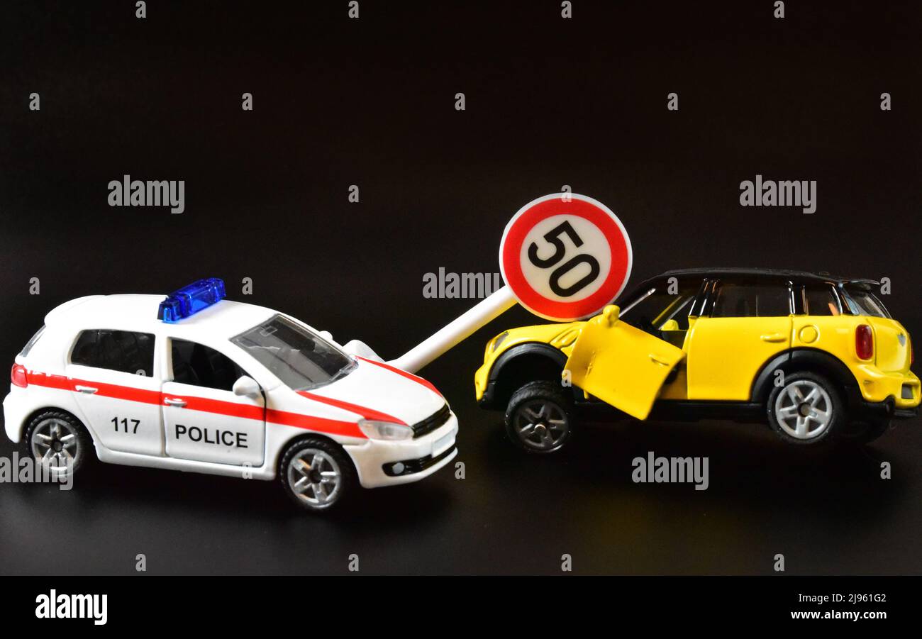 police toy car with accident scenery Stock Photo