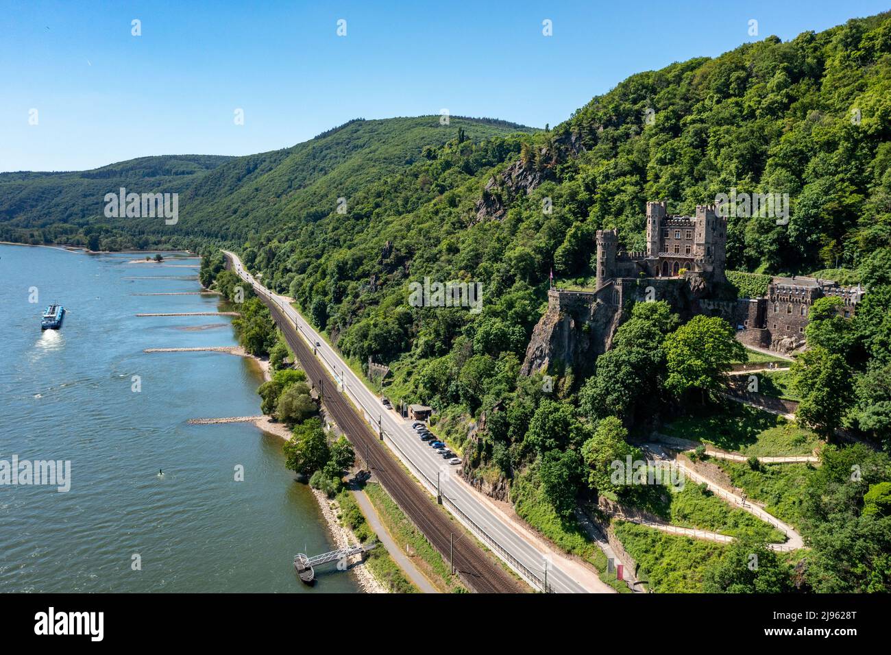 Rheinstein Castle, Romantik-Schloß Burg Rheinstein, Trechtingshausen, Rhine Valley, Germany Stock Photo