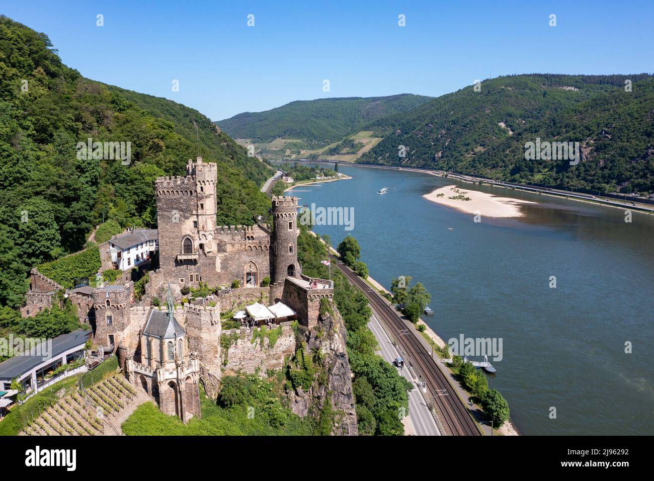 Rheinstein Castle, Romantik-Schloß Burg Rheinstein, Trechtingshausen, Rhine Valley, Germany Stock Photo