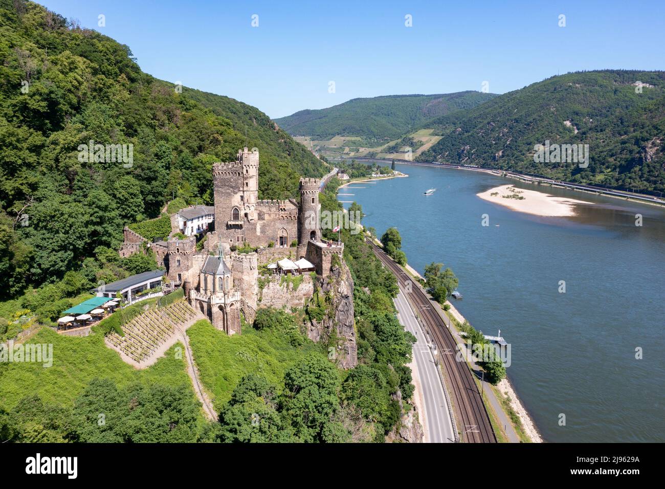 Rheinstein Castle, Romantik-Schloß Burg Rheinstein, Trechtingshausen, Rhine Valley, Germany Stock Photo