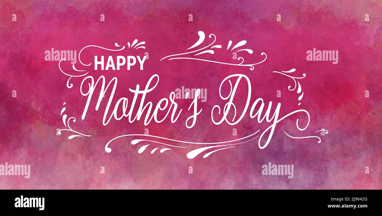 Happy Mother's day background, pink design for mothers, hand drawn white curls and flourish design element border and lettering saying happy Mother's Stock Photo