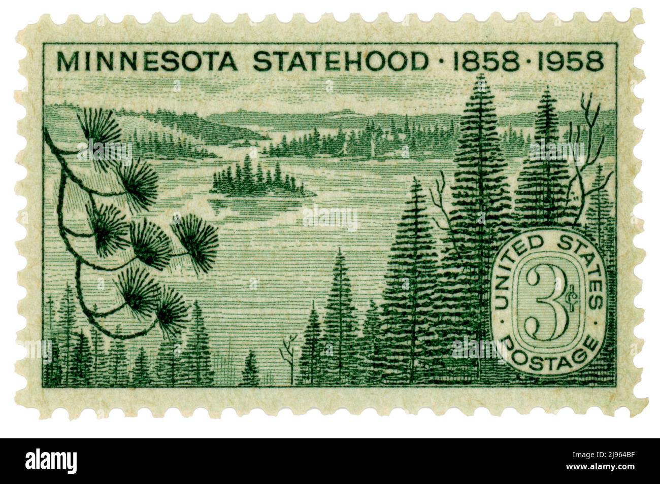 Commemorative stamp for Minnesota statehood issued 1958. Digitally edited scan of a small stamp allows reproduction as a beautifully enlarged art work. Stock Photo