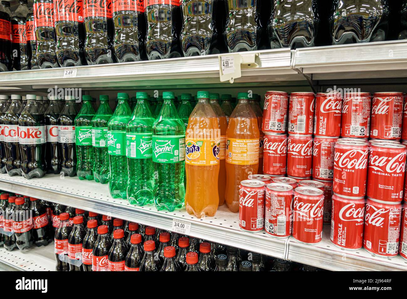 Miami Beach Florida,Publix grocery store supermarket display sale shelf shelves inside interior,Coca Cola products soft drinks cola soda Stock Photo