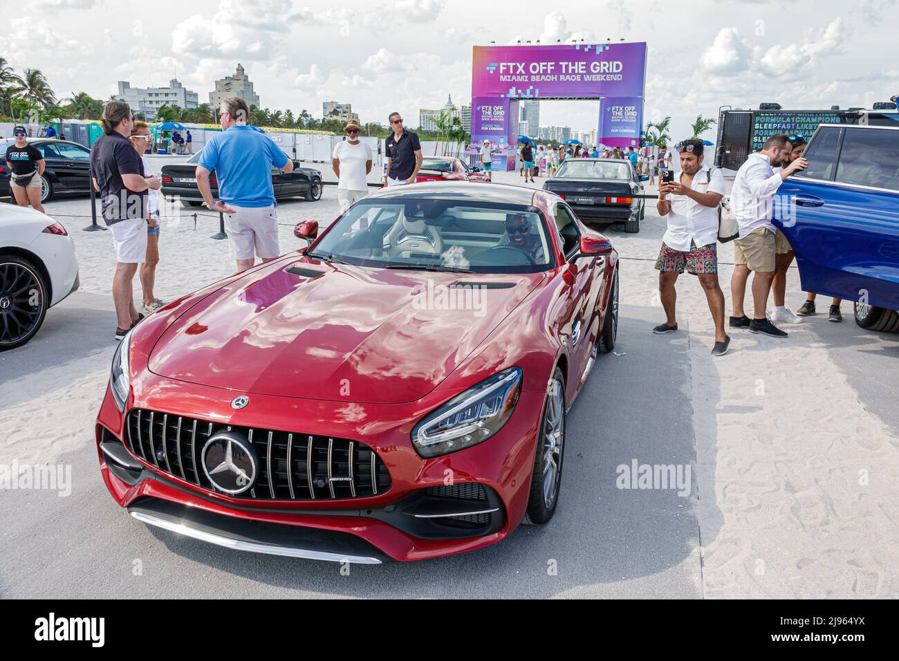 Miami Beach Florida,FTX Off the Grid free event,Race Weekend Grand Prix Formula One 1 F1 racing event,red Mercedes Benz sports car Stock Photo