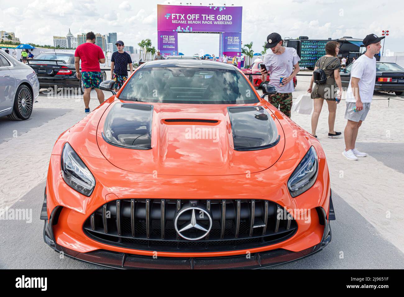 Miami Beach Florida,FTX Off the Grid event,Race Weekend Grand Prix Formula One 1 F1 racing event,orange Mercedes Benz sports car Stock Photo