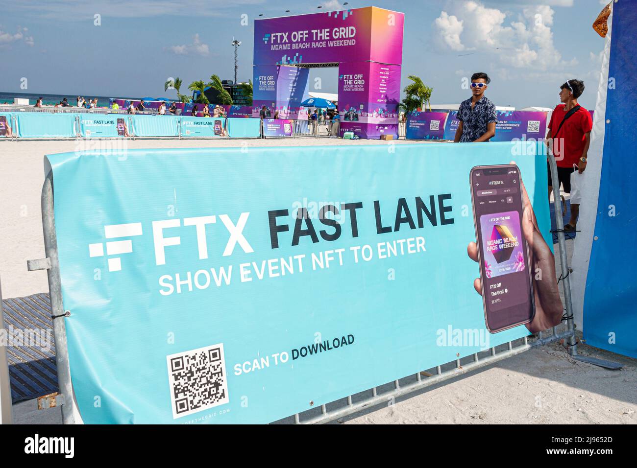 Miami Beach Florida,FTX Off the Grid event,Race Weekend Grand Prix Formula One 1 F1 racing event,sign NFT QR code scan download Stock Photo