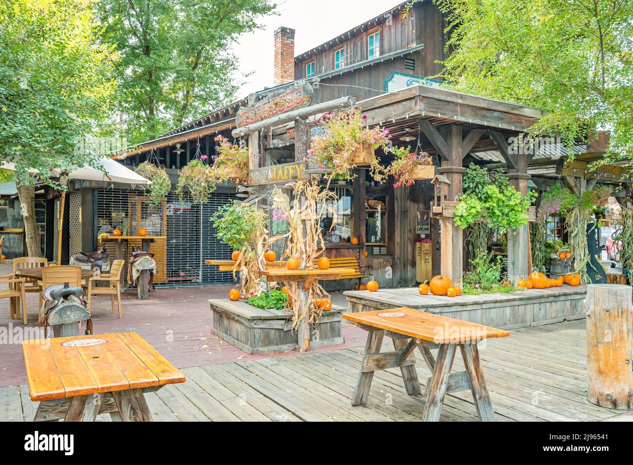 Restaurant Patio in the town of Winthrop Washington State USA Stock Photo