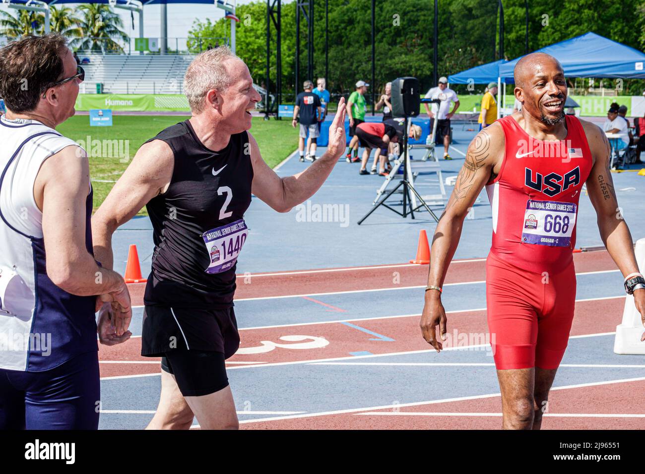Fort Ft. Lauderdale Florida,Ansin Sports Complex Track & Field National Senior Games,seniors Black male men competitors runners Stock Photo