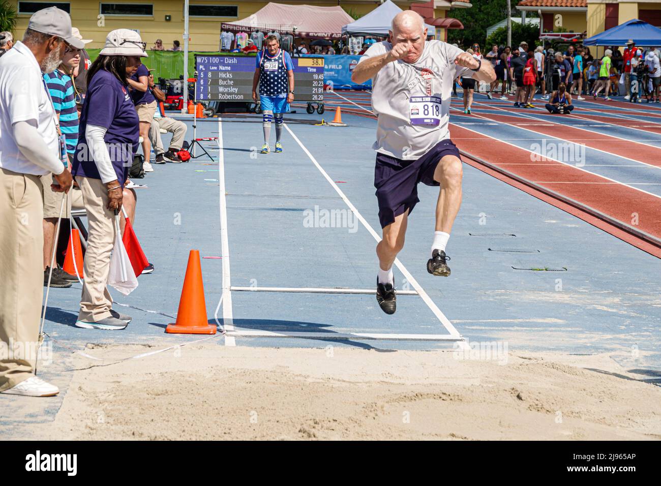 Fort Ft. Lauderdale Florida,Ansin Sports Complex Track & Field National Senior Games,man male long jump competition competitor jumping Stock Photo