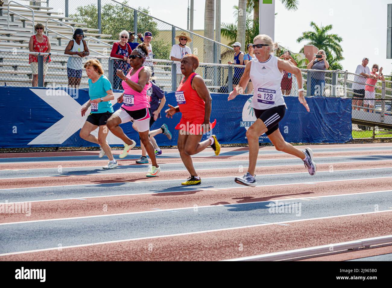 Fort Ft. Lauderdale Florida,Ansin Sports Complex Track & Field National Senior Games,seniors Black female women runners running competitors competing Stock Photo